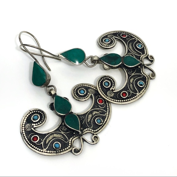 Boho batwing tribal stone statement long earrings - Picture 2 of 6